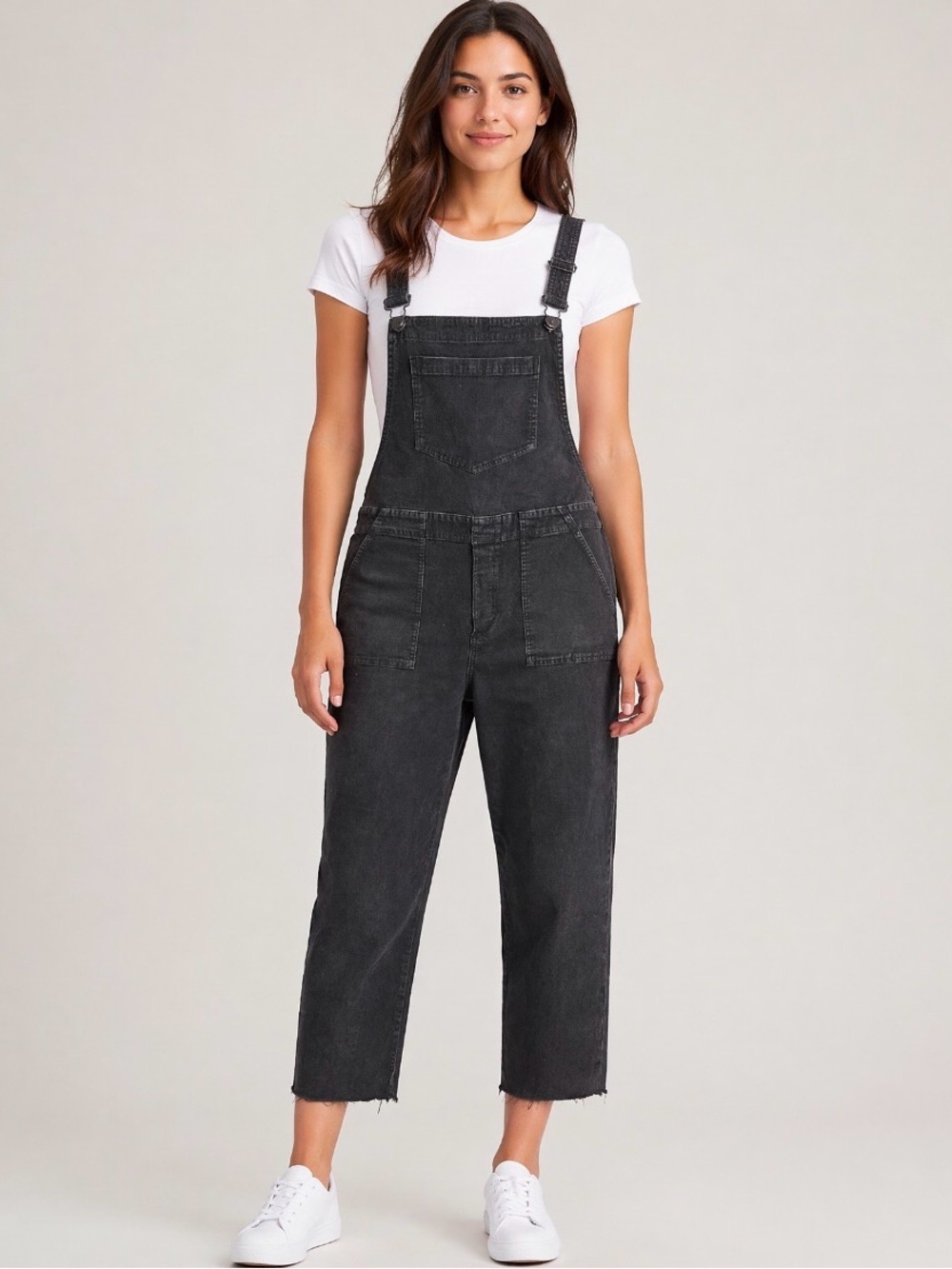 Aerie Corduroy Overalls Women Large Charcoal Gray Relaxed Straight Leg Raw Hem